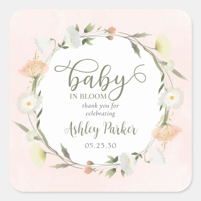 Pegatina Cuadrada Baby In Bloom Wildflower Baby Shower Gracias (Anverso)