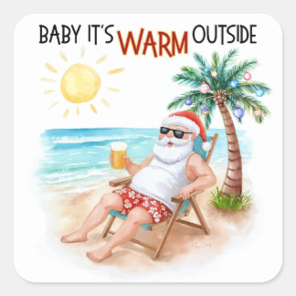 Pegatina Cuadrada Baby It’s Warm Outside Tropical Christmas Santa
