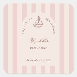 Pegatina Cuadrada Baby On Board Elegant Pink Sailboat Baby Shower