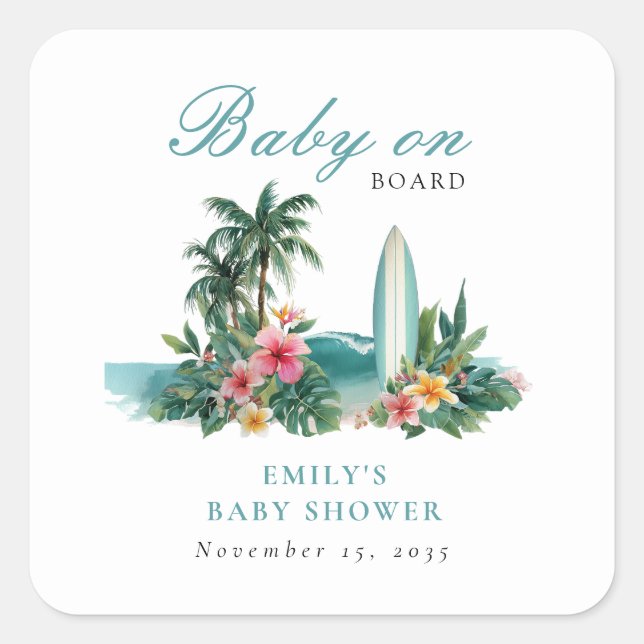 Pegatina Cuadrada Baby On Board Surf Beach Baby Shower (Anverso)