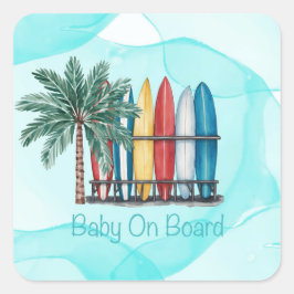 Pegatina Cuadrada Baby On Board Surfing Verde azulado Baby Shower