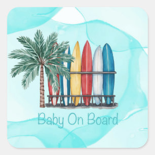 Pegatina Cuadrada Baby On Board Surfing Verde azulado Baby Shower