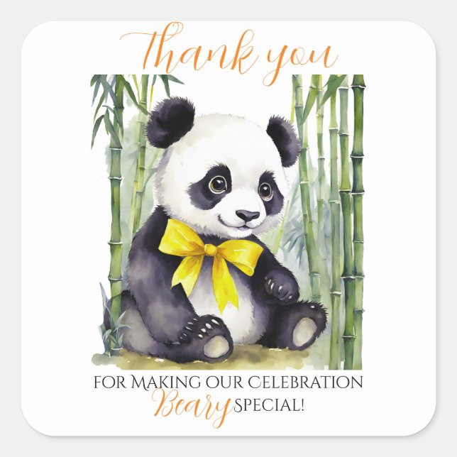 Pegatina Cuadrada Baby Panda Bear Unisex Baby Shower Gracias (Anverso)