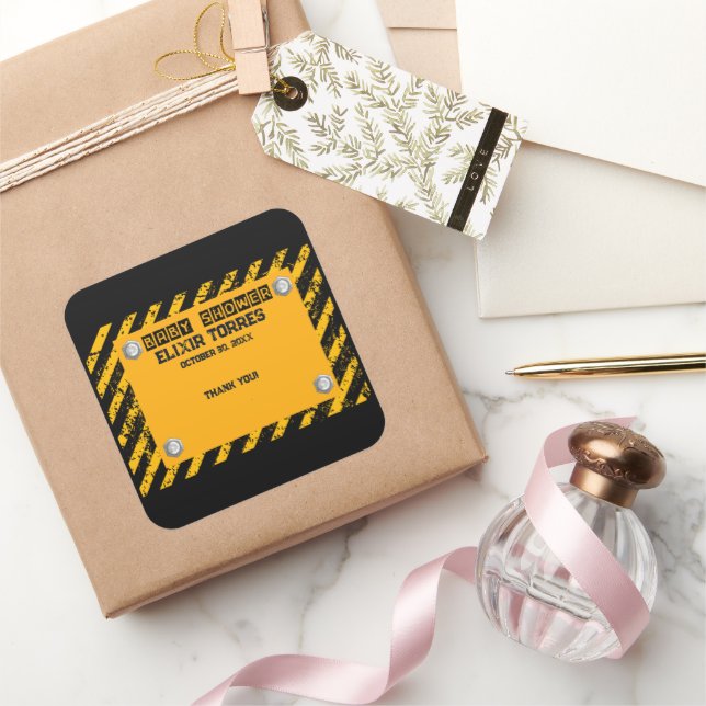 Pegatina Cuadrada Baby Shower amarillo y negro de construcción (Regalar)