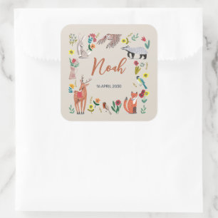 Pegatina Cuadrada Baby Shower Animales del Bosque Neutral