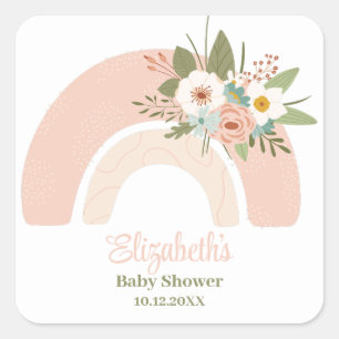 Pegatina Cuadrada Baby Shower arcoiris rosa floral