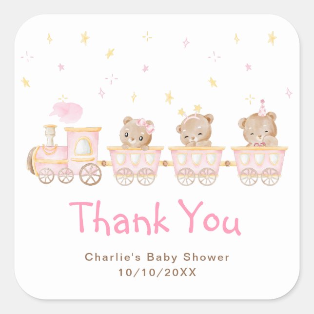 Pegatina Cuadrada Baby Shower Bear Pink Train Gracias (Anverso)