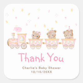 Pegatina Cuadrada Baby Shower Bear Pink Train Gracias