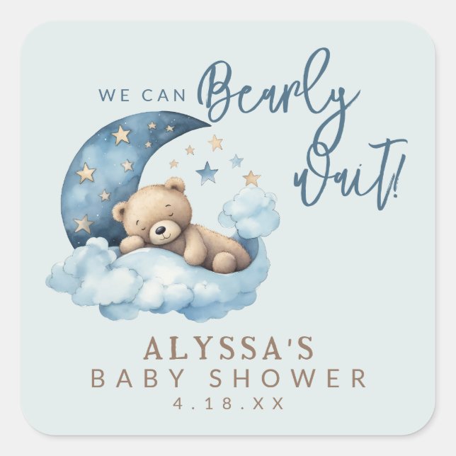 Pegatina Cuadrada Baby Shower Bearly Wait (Anverso)