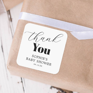 Pegatina Cuadrada Baby Shower blanco negro gracias