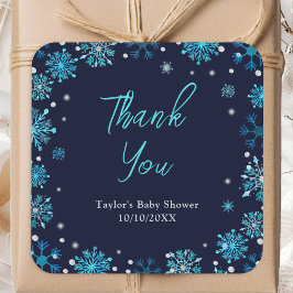 Pegatina Cuadrada Baby Shower Blue and Silver Snowflakes Gracias