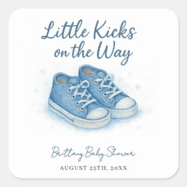 Pegatina Cuadrada Baby Shower Blue Baby Sneakers