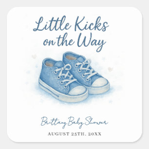 Pegatina Cuadrada Baby Shower Blue Baby Sneakers