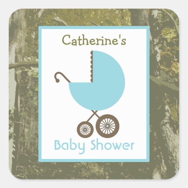 Pegatina Cuadrada Baby Shower Blue Carriage & Camouflage (Anverso)