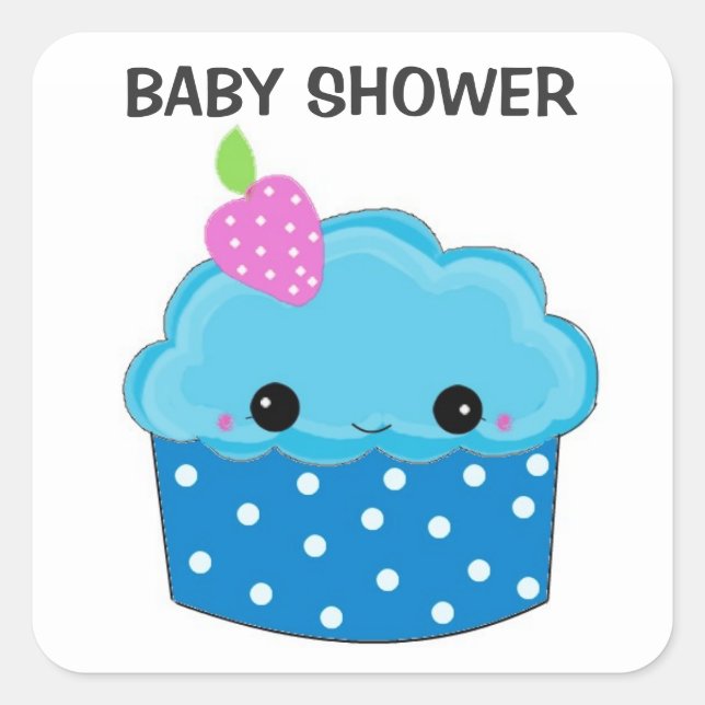 Pegatina Cuadrada Baby Shower Blue Cupcake (Anverso)