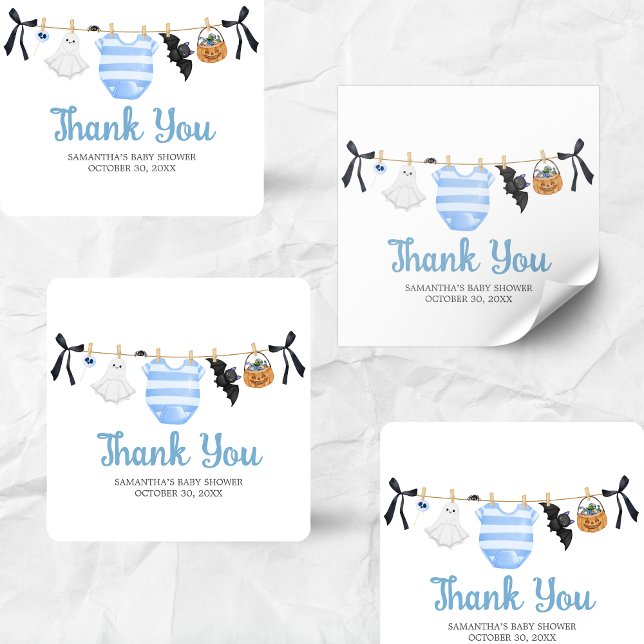 Pegatina Cuadrada Baby Shower Blue Little Boo (Boy Little Boo Halloween Clothesline Baby Shower Sticker)