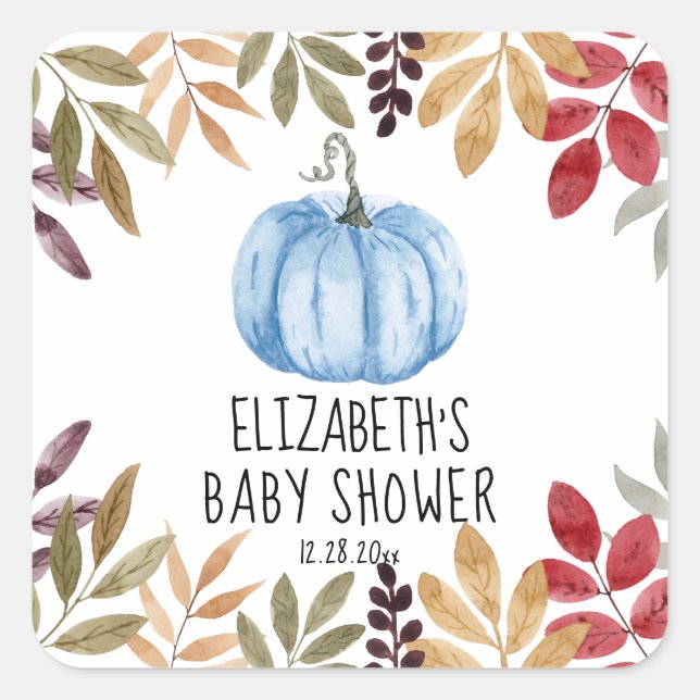 Pegatina Cuadrada Baby Shower Blue Pumpkin Fall (Anverso)