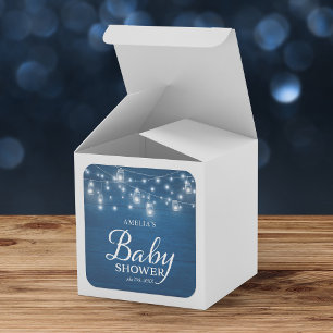 Pegatina Cuadrada Baby Shower Blue Rustic Wood Mason Jars and Lights