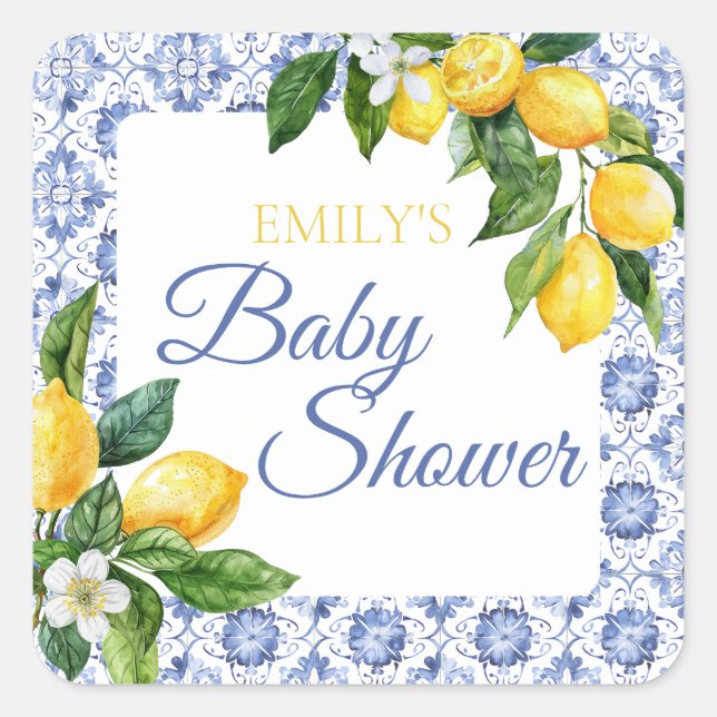 Pegatina Cuadrada Baby Shower Blue Tile Lemon (Anverso)