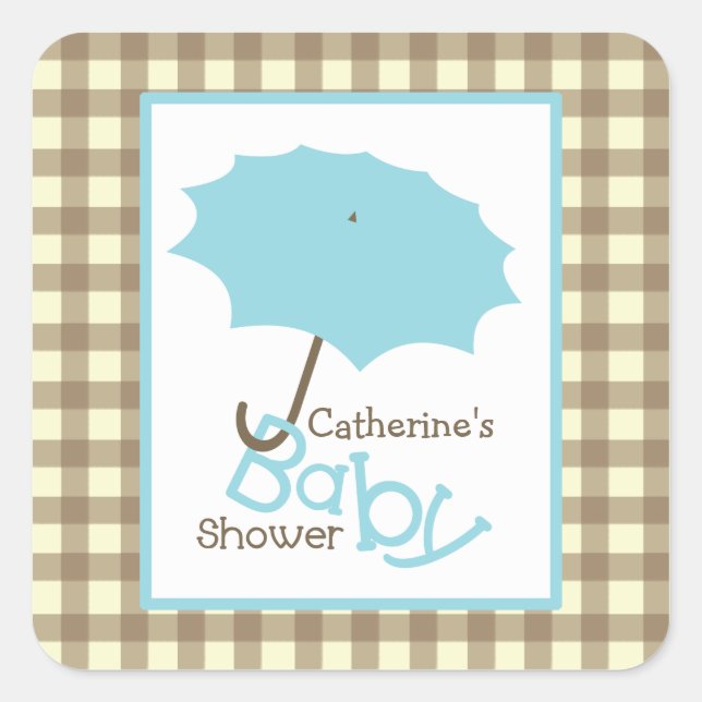 Pegatina Cuadrada Baby Shower Blue Umbrella & Brown Gingham (Anverso)