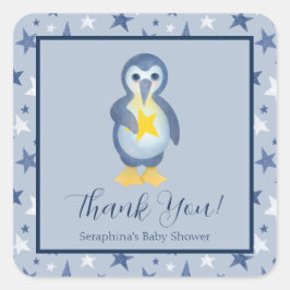 Pegatina Cuadrada Baby Shower Blue White Penguin Stars Gracias