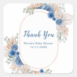 Pegatina Cuadrada Baby Shower Boho Blue de hierba de Pampas