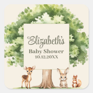 Pegatina Cuadrada Baby Shower Boho Cute Woodland Animals