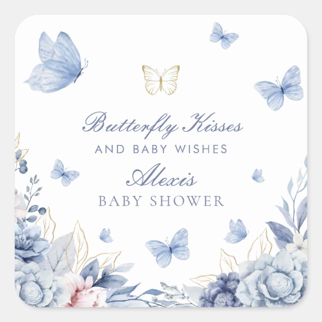 Pegatina Cuadrada Baby Shower Butterfly Kisses Boy (Anverso)