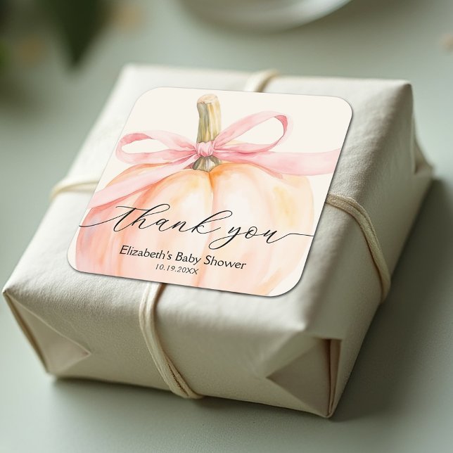 Pegatina Cuadrada Baby Shower Calabacita con Lazo Rosa (Pink ribbon and bow little pumpkin girl baby shower square stickers)