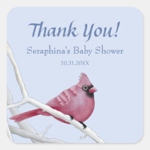 Pegatina Cuadrada Baby Shower, Cardenal de color azul