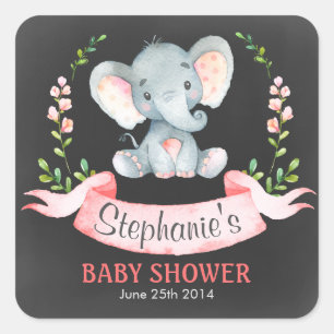 Pegatina Cuadrada Baby Shower Chica de elefante acuático Chalkboard