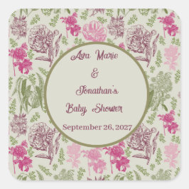 Pegatina Cuadrada Baby Shower Chica de Eucalyptus Peony Botánico
