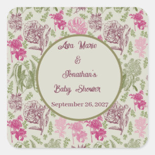 Pegatina Cuadrada Baby Shower Chica de Eucalyptus Peony Botánico
