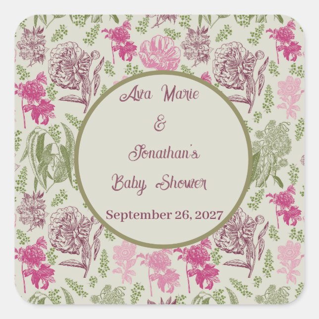 Pegatina Cuadrada Baby Shower Chica de Eucalyptus Peony Botánico (Anverso)