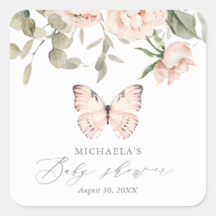 Pegatina Cuadrada Baby Shower Chica de mariposa floral rosa