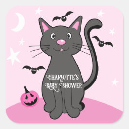 Pegatina Cuadrada Baby Shower Chica gato negro rosa Halloween