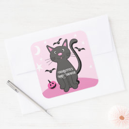 Pegatina Cuadrada Baby Shower Chica gato negro rosa Halloween