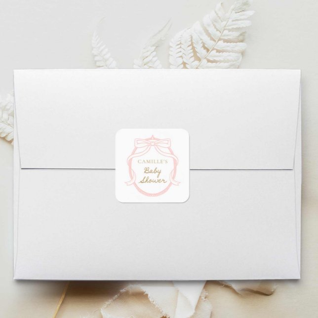 Pegatina Cuadrada Baby Shower Chica mínimo de arco rosado (Elegant Pink Bow Baby Shower Stickers)