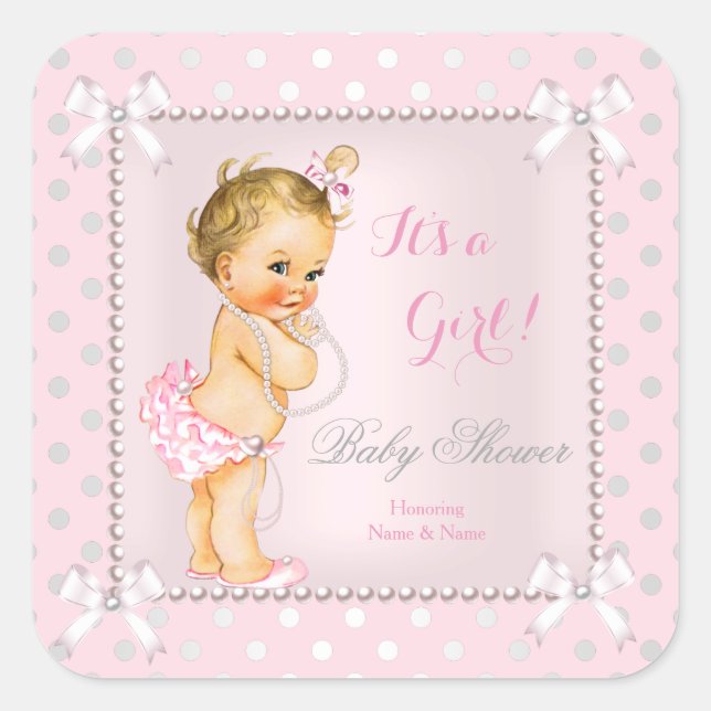 Pegatina Cuadrada Baby Shower Chica Pink Gray Pearl Blonde (Anverso)