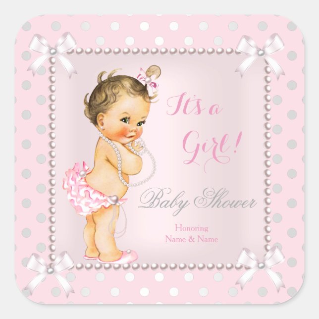 Pegatina Cuadrada Baby Shower Chica Pink Gray Pearl Brunette (Anverso)