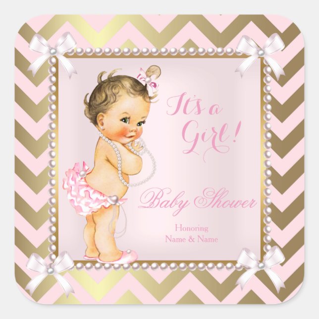 Pegatina Cuadrada Baby Shower Chica Pink Pearl Gold Chevron Brunette (Anverso)