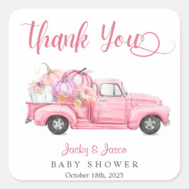 Pegatina Cuadrada Baby Shower Chica rosa de calabaza pequeña dulce