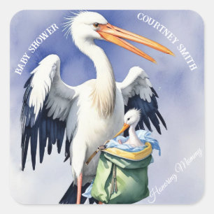 Pegatina Cuadrada BABY SHOWER. Cigüeña con una bolsa