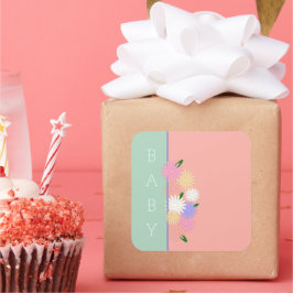 Pegatina Cuadrada Baby Shower Colorful Daisy Floral Art personalizad