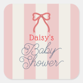 Pegatina Cuadrada Baby Shower con Lazo Rojo y Rayas Rosadas