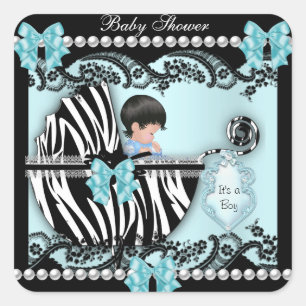 Pegatina Cuadrada Baby Shower Cute Baby Boy Blue Zebra Lace