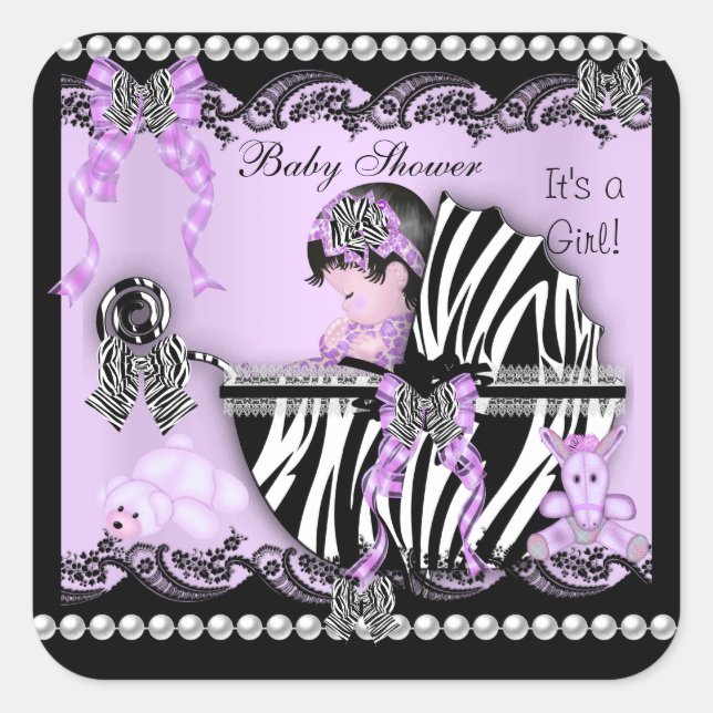 Pegatina Cuadrada Baby Shower Cute Baby Girl Lilac Zebra Lace (Anverso)