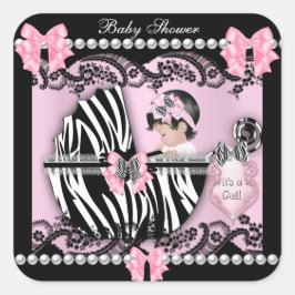 Pegatina Cuadrada Baby Shower Cute Baby Girl Pink Zebra Lace