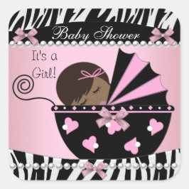 Pegatina Cuadrada Baby Shower Cute Baby Girl Pink Zebra Print