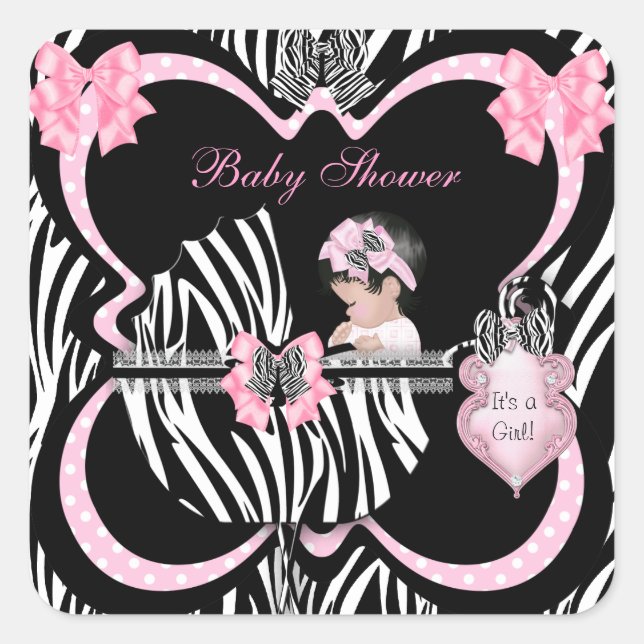 Pegatina Cuadrada Baby Shower Cute Baby Girl Pink Zebra Spots (Anverso)